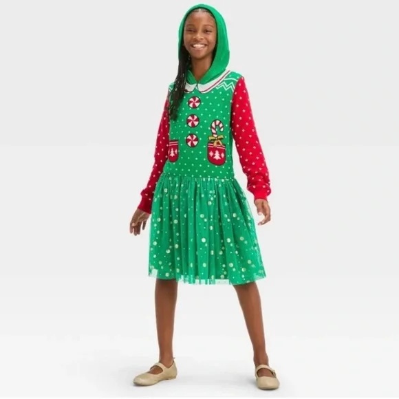 Dresses | Girls Holiday Christmas Elf Sweater Tutu Dress With Hood Green L  | Poshmark